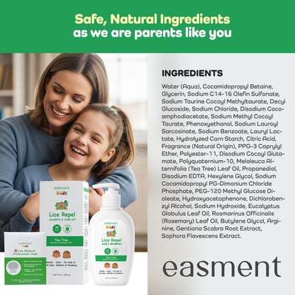 Easment Lice Shampoo & Comb Kit for Kids — Tea Tree & Rosemary Oils, Pump Bottle, 3+