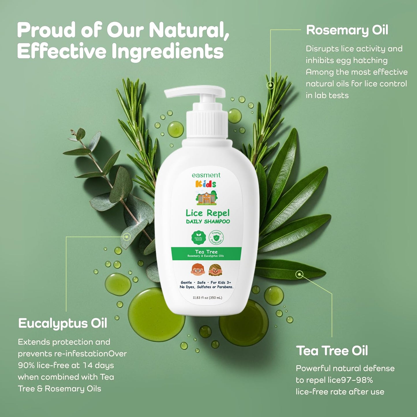 Easment Lice Shampoo & Comb Kit for Kids — Tea Tree & Rosemary Oils, Pump Bottle, 3+