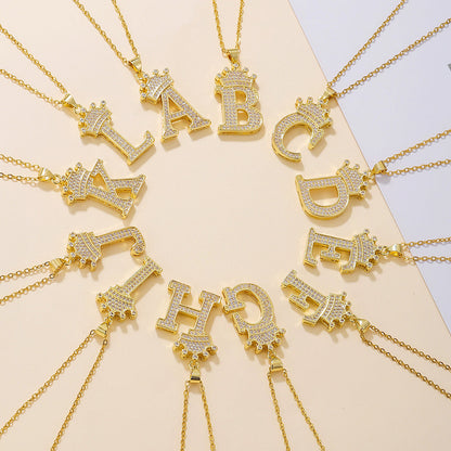 Gold Crown A-Z Pendant Necklace
