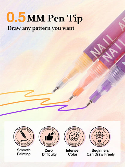 EBANKU 12 Colors Nail Art Pens - 0.5mm Fine Tip Quick-Drying Nail Polish for Home & Salon