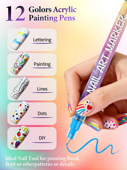 EBANKU 12 Colors Nail Art Pens Set – Quick-Drying Acrylic Nail Art Pens for Home & Salon