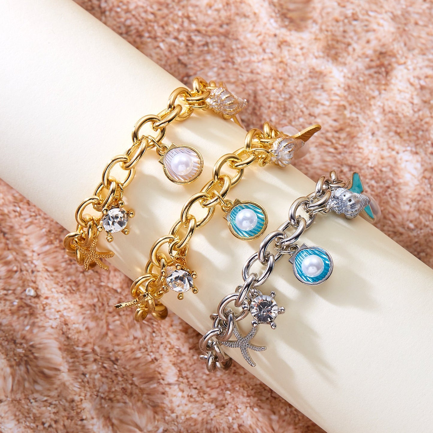 Starfish Pearl Shell Fishtail Multi-Pendant Necklace & Bracelet Set