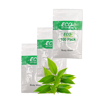 ECO Amenities Body Wash Sachets – Leak-Proof TSA-Approved Travel Toiletries, Green Tea Scent, 0.35 Fl Oz, Pack of 100