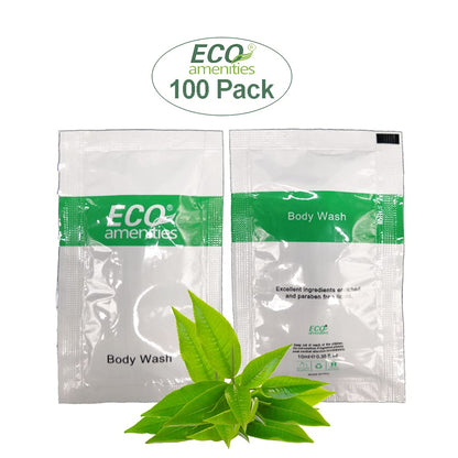 ECO Amenities Body Wash Sachets – Leak-Proof TSA-Approved Travel Toiletries, Green Tea Scent, 0.35 Fl Oz, Pack of 100