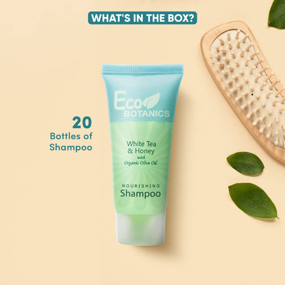 Eco Botanics Travel Size Hotel Shampoo 20 Count – Paraben-Free, White Tea Scent, Aloe Honey Olive Oil