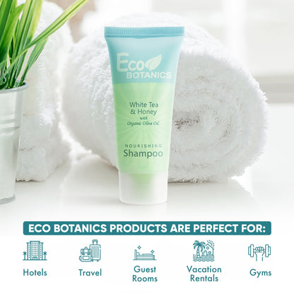 Eco Botanics Travel Size Hotel Shampoo 20 Count – Paraben-Free, White Tea Scent, Aloe Honey Olive Oil
