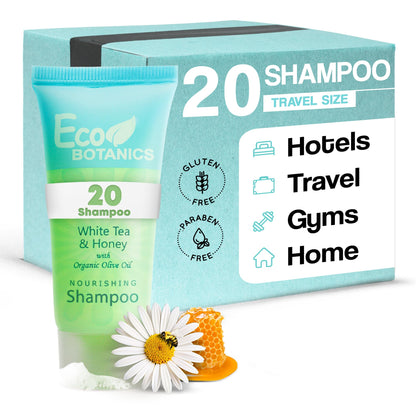 Eco Botanics Travel Size Hotel Shampoo 20 Count – Paraben-Free, White Tea Scent, Aloe Honey Olive Oil