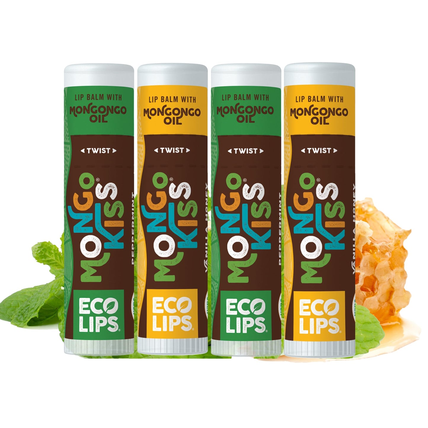 Eco Lips Mongo Kiss Organic Lip Balm 4 Pack – 100% USDA Organic – Peppermint & Vanilla Honey