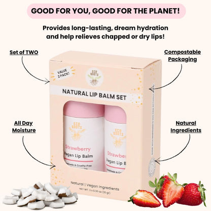 Eco Roots Strawberry Scented Lip Balm 2 Pack – Organic, Vegan, Cruelty-Free
