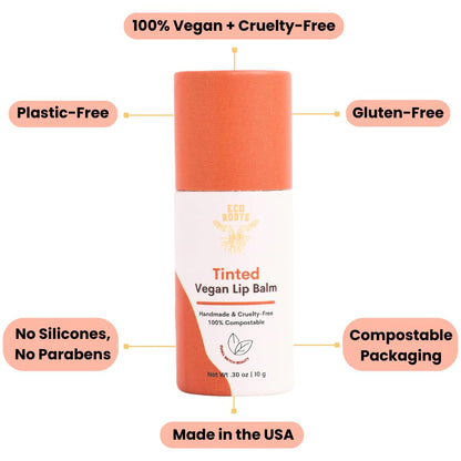 ECO ROOTS Tinted Lip Balm 2 Pack – Organic Vegan Lip Moisturizer, Plastic-Free, Compostable Packaging, Made in USA