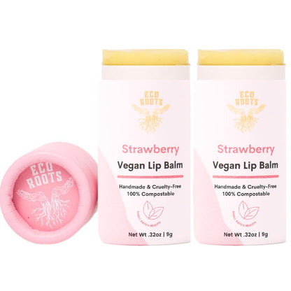 Eco Roots Strawberry Scented Lip Balm 2 Pack – Organic, Vegan, Cruelty-Free