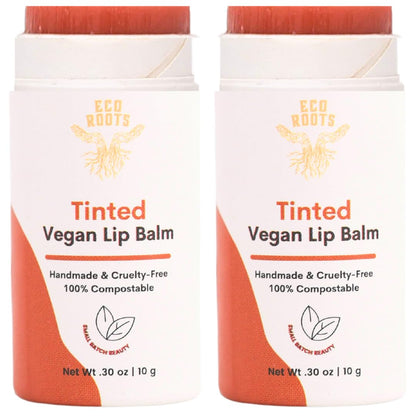 ECO ROOTS Tinted Lip Balm 2 Pack – Organic Vegan Lip Moisturizer, Plastic-Free, Compostable Packaging, Made in USA