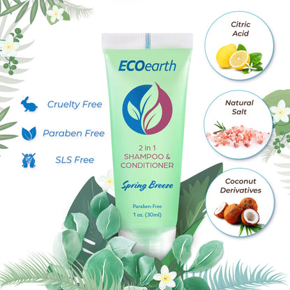 EcoEarth Travel Size 2-in-1 Shampoo & Conditioner – Spring Breeze, 1 oz, 200 Pack