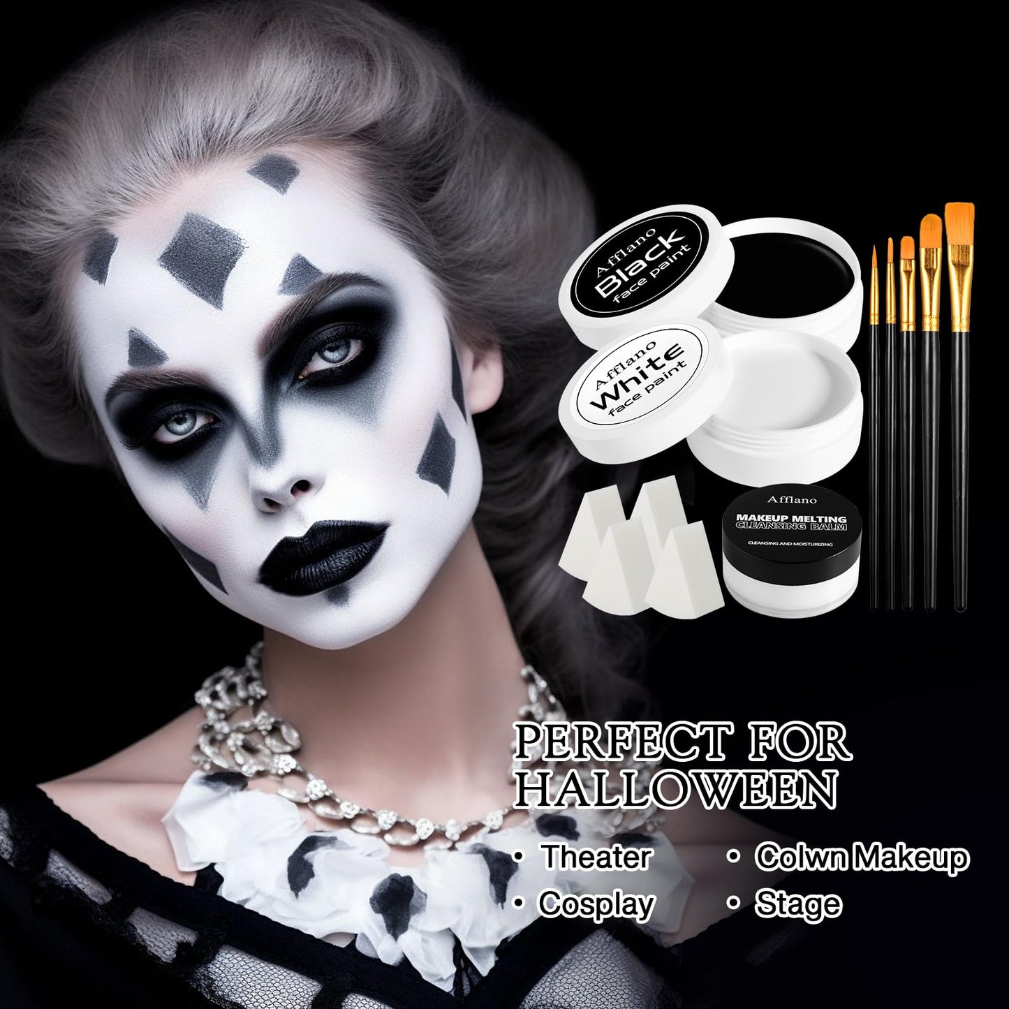 ecofavor Black & White Face Paint Kit – 50g Oil-Based Grease Makeup, Remover, 5 Brushes & 4 Sponges