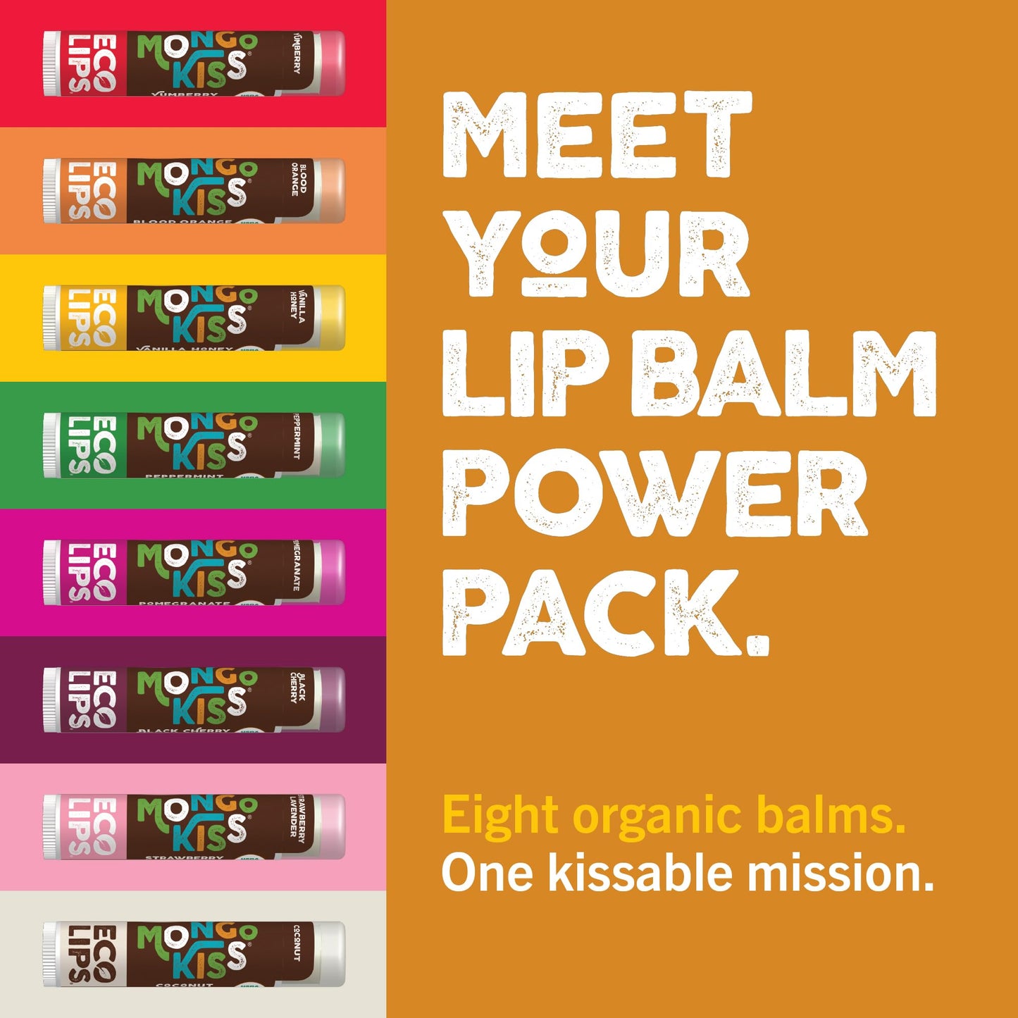 Eco Lips Mongo Kiss USDA Organic Lip Balm Set 8-Pack with Mongongo Oil & Cocoa Butter - USA Made