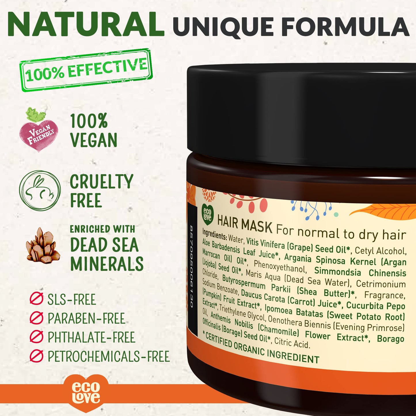 ecoLove Hair Mask for Dry, Damaged, and Curly Hair – Deep Conditioning with Carrot & Pumpkin Extract (11.8 oz) | Vegan & Cruelty-Free