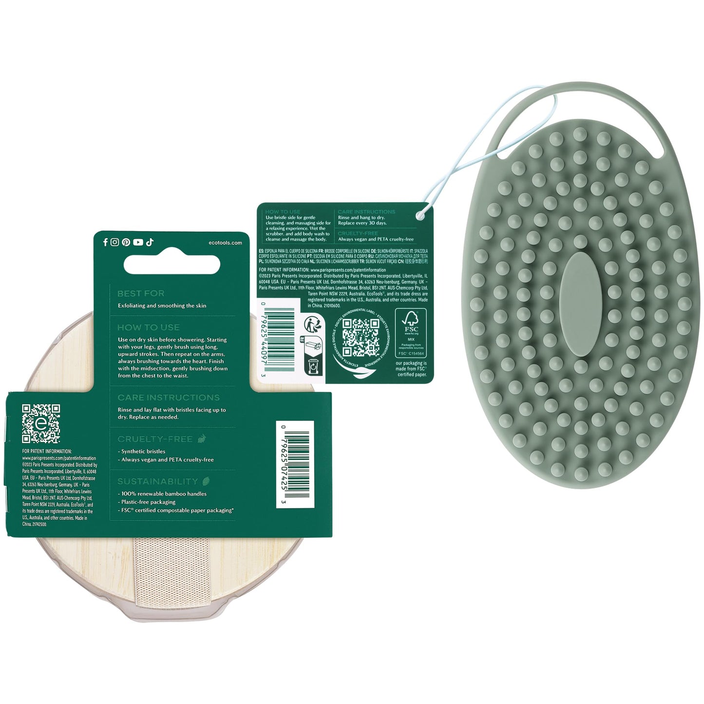 EcoTools Dry Body Brush + Sage Green Silicone Scrubber — Exfoliate & Boost Circulation