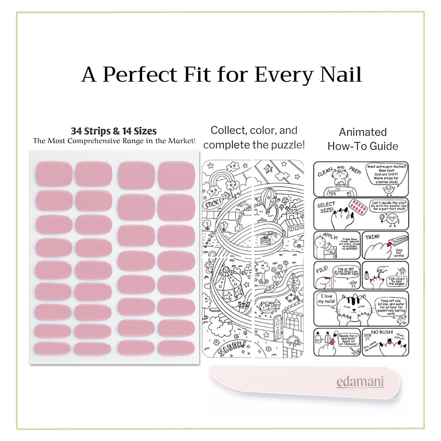 edamani 34-Piece Fully Cured Gel Nail Strips — No UV Light Needed, 14+ Days Shine (Hailey)