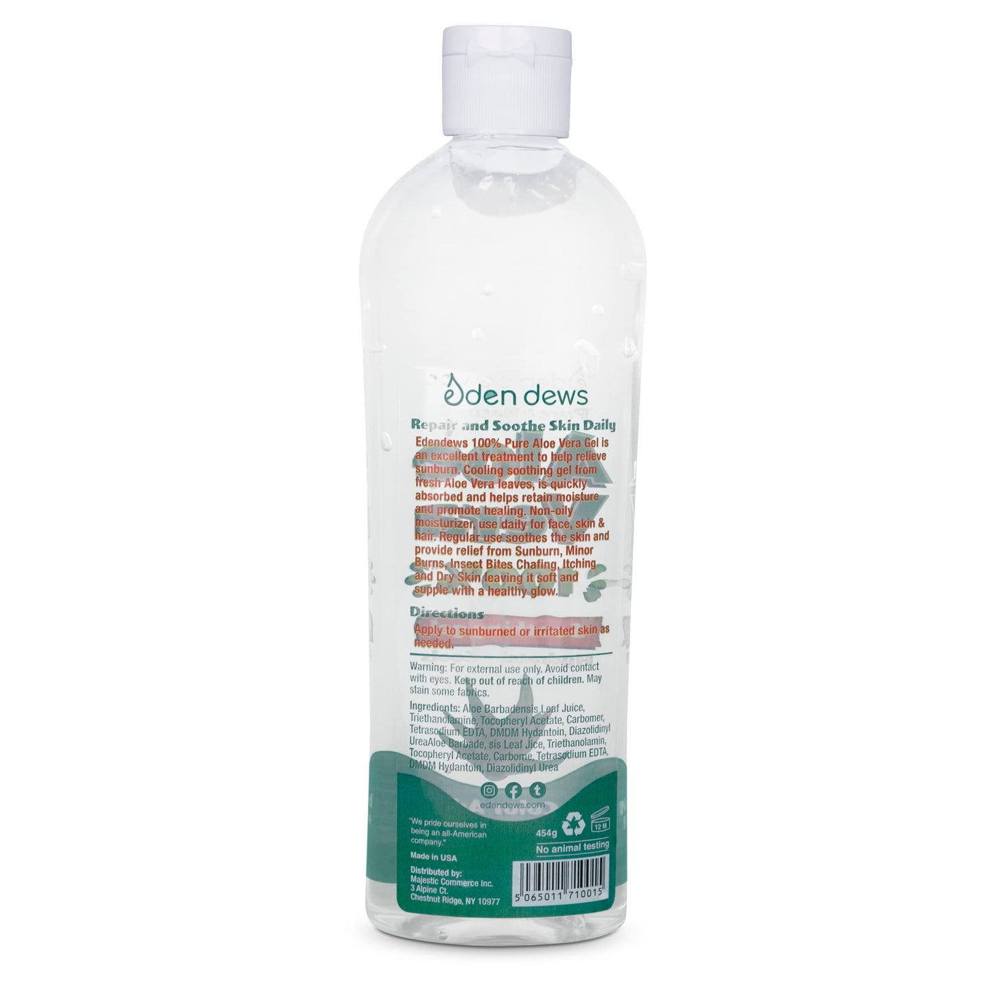 Eden Dews Organic Aloe Vera Gel 100% Pure – Made in USA, Unscented, 16 oz