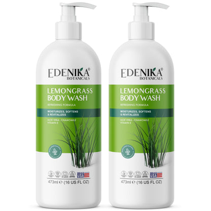 EDENIKA BOTANICALS Lemongrass Body Wash with Vitamin E – Hydrating, Organic & Vegan, 2-Pack (16 fl oz each)