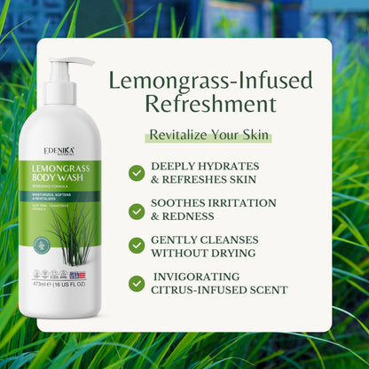 EDENIKA BOTANICALS Lemongrass Body Wash with Vitamin E – Hydrating, Organic & Vegan, 2-Pack (16 fl oz each)