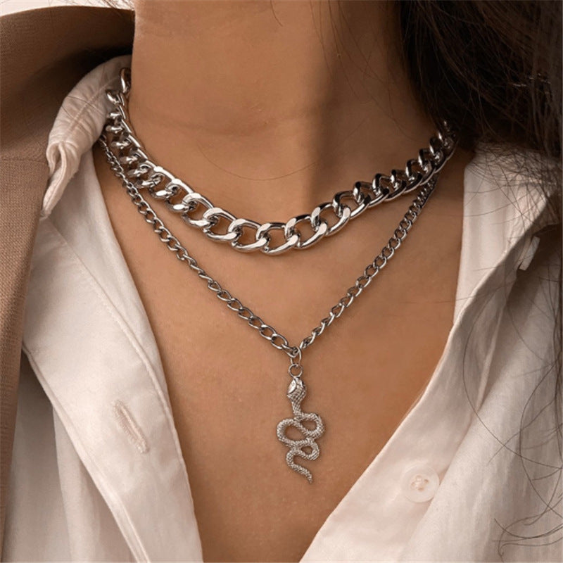 Chunky Chain Double Snake Pendant Necklace