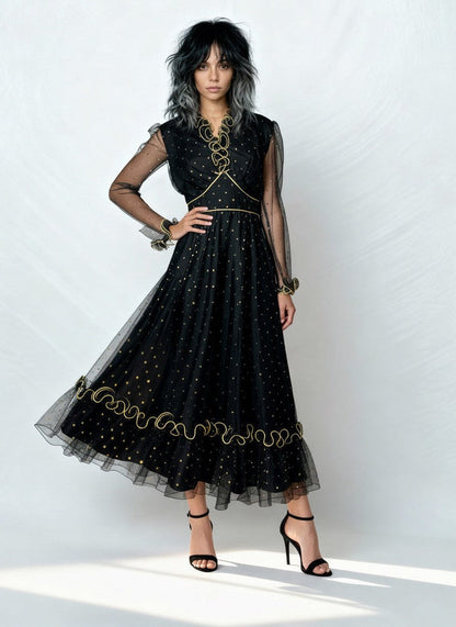 1970's Original Vintage Black Lace & Gold Polka Dot Dress UK 12