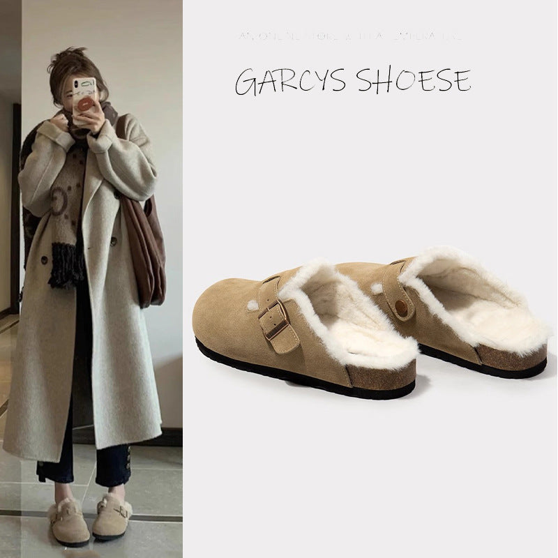 Woolly Birkenstock shoes women's new autumn and winter a slip-on plus fleece warm Birkenstock shoes lazy bun head half mop cotton shoes