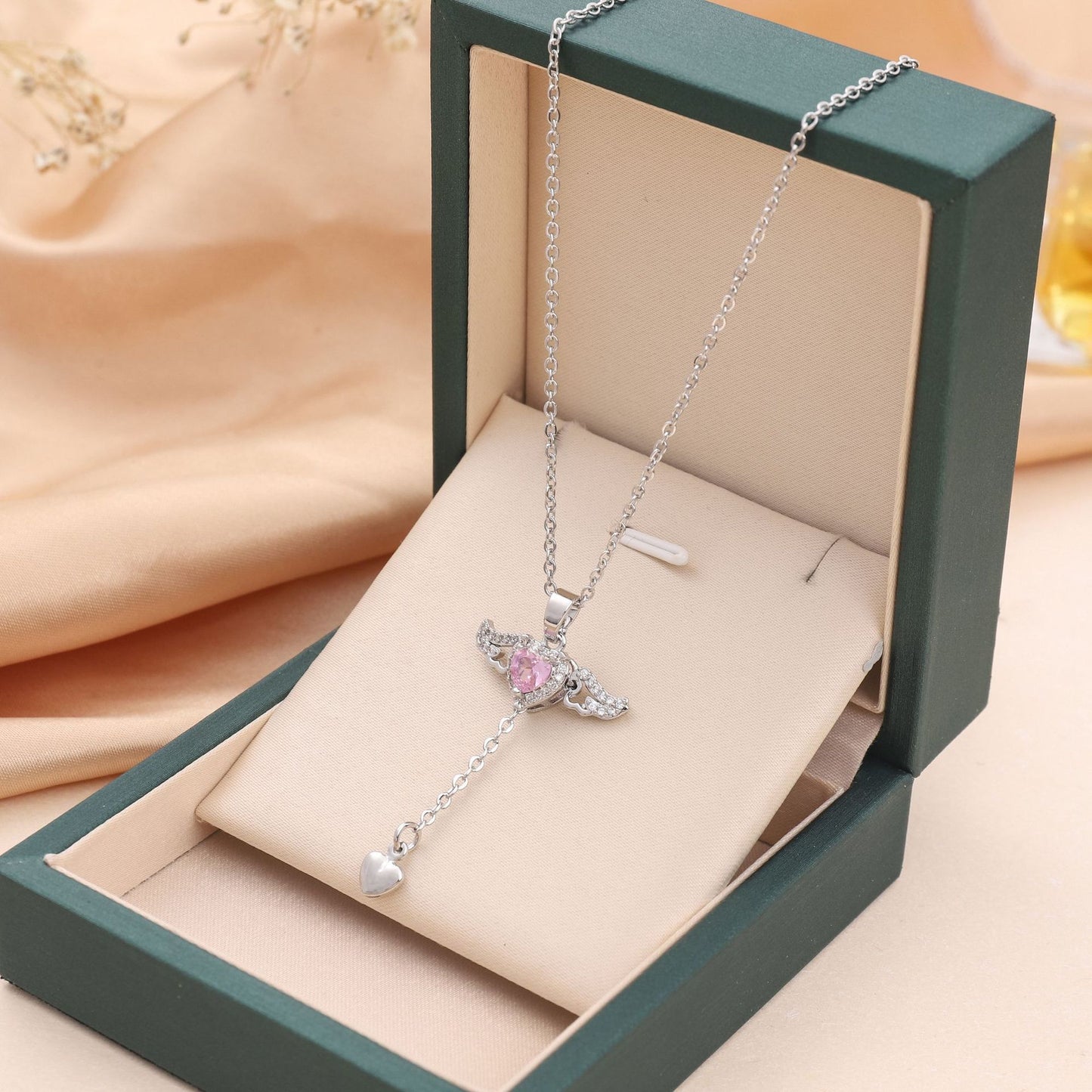 Moving Cupid Heart Angel Wings Necklace