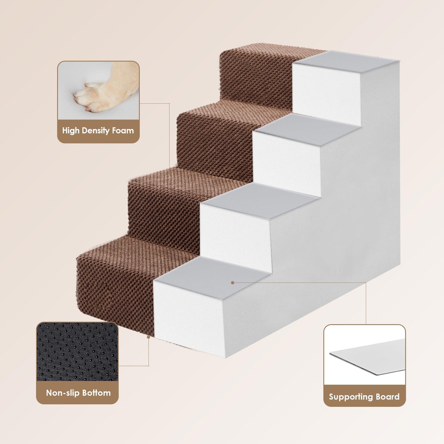 EHEYCIGA Dog Stairs for Bed - 4-Step High-Bed Pet Steps, Non-Slip Foldable Ramp (Brown)