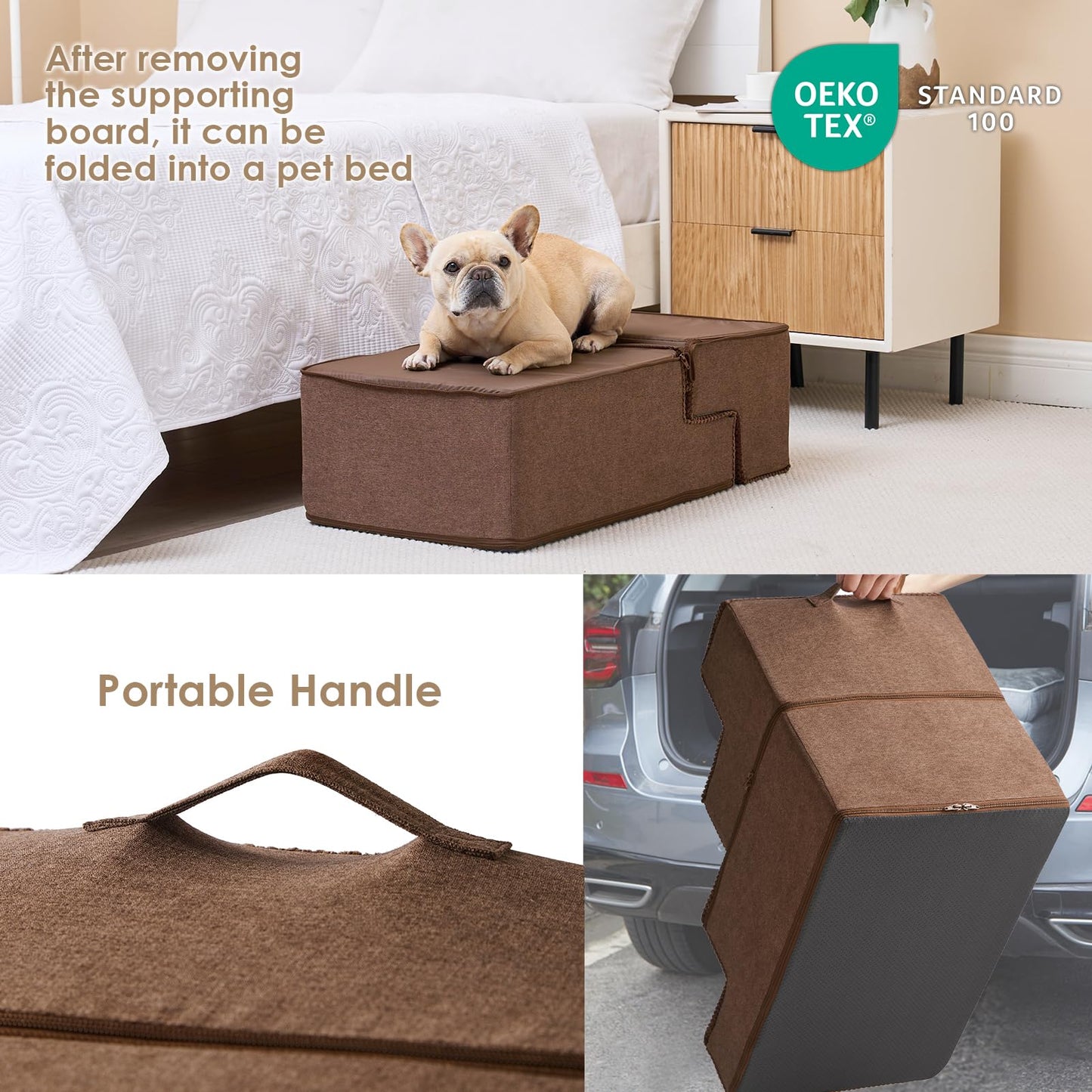 EHEYCIGA Dog Stairs for Bed - 4-Step High-Bed Pet Steps, Non-Slip Foldable Ramp (Brown)