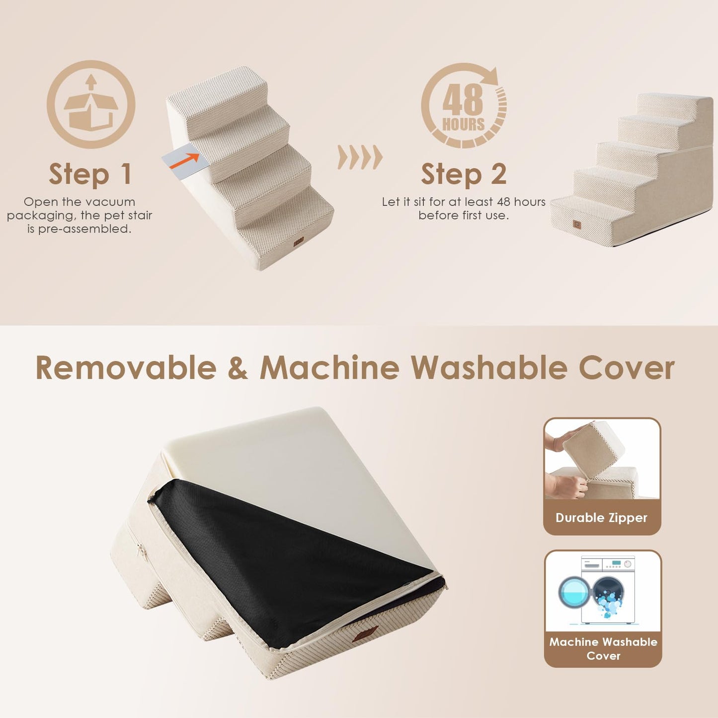 EHEYCIGA 5-Step Dog Stairs for Bed - 22.5-Inch High, Non-Slip Beige