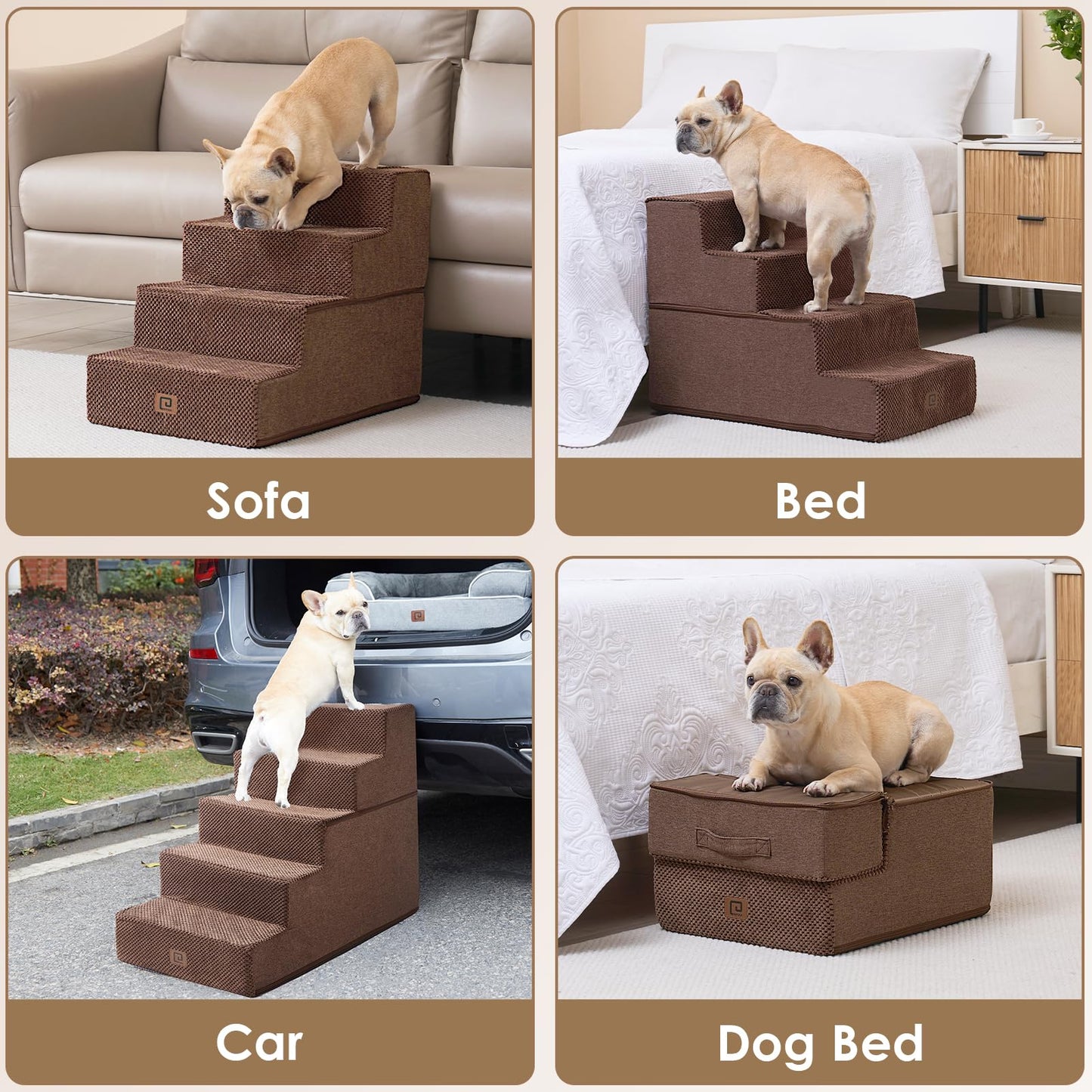 EHEYCIGA Dog Stairs for Bed - 4-Step High-Bed Pet Steps, Non-Slip Foldable Ramp (Brown)