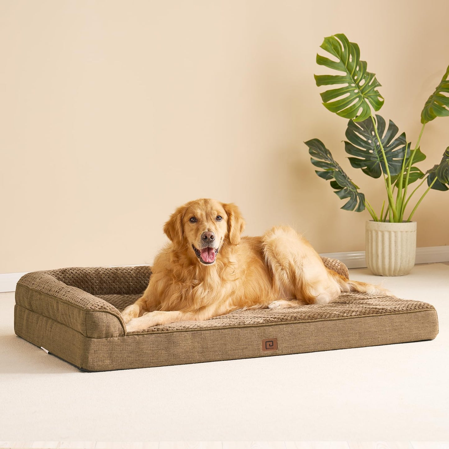 EHEYCIGA Memory Foam Dog Bed XL — Orthopedic, Washable Cover, 44x33x6 in, Camel