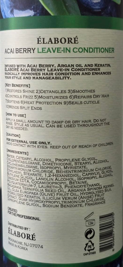 Elabore Acai Berry Leave-In Conditioner — Nourishing Frizz Control & Detangling 16.06 fl oz