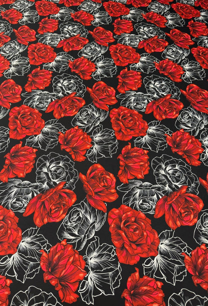 Elegant Red Rose Patterned Fabric by Metre
