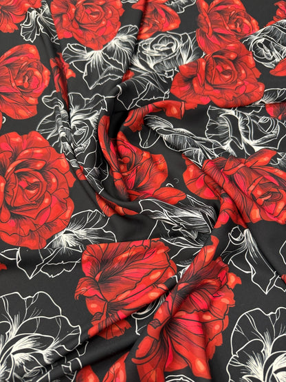 Elegant Red Rose Patterned Fabric by Metre