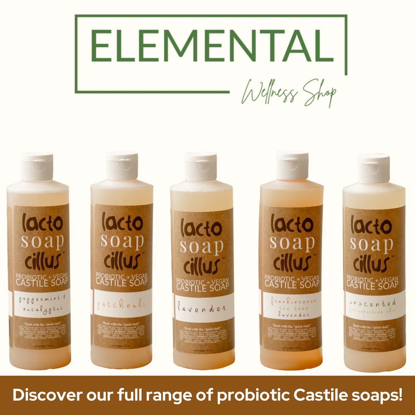 Elemental Wellness Castile Soap Liquid - Probiotic, Vegan Body Wash (16 oz)