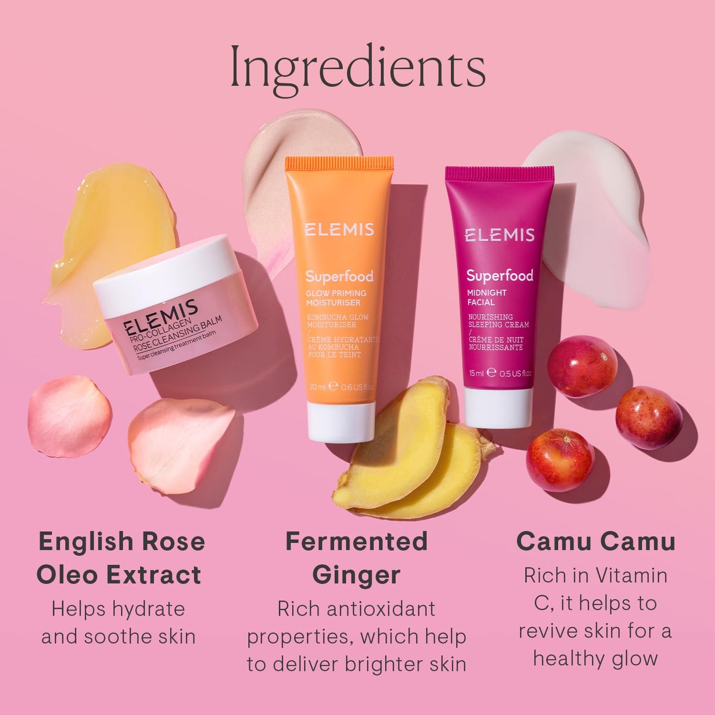Elemis Way to Glow Exclusive Skincare Kit – Travel Set with Rose Cleansing Balm, Glow Priming Moisturizer & Midnight Facial