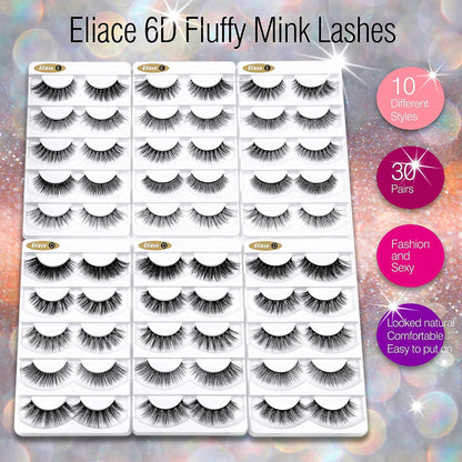 Eliace False Eyelashes | Natural Cat Eye Wispy 6D Mink, 30 Pairs, 10 Styles