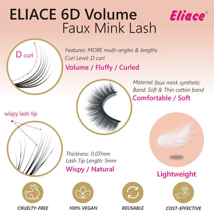 Eliace False Eyelashes | Natural Cat Eye Wispy 6D Mink, 30 Pairs, 10 Styles