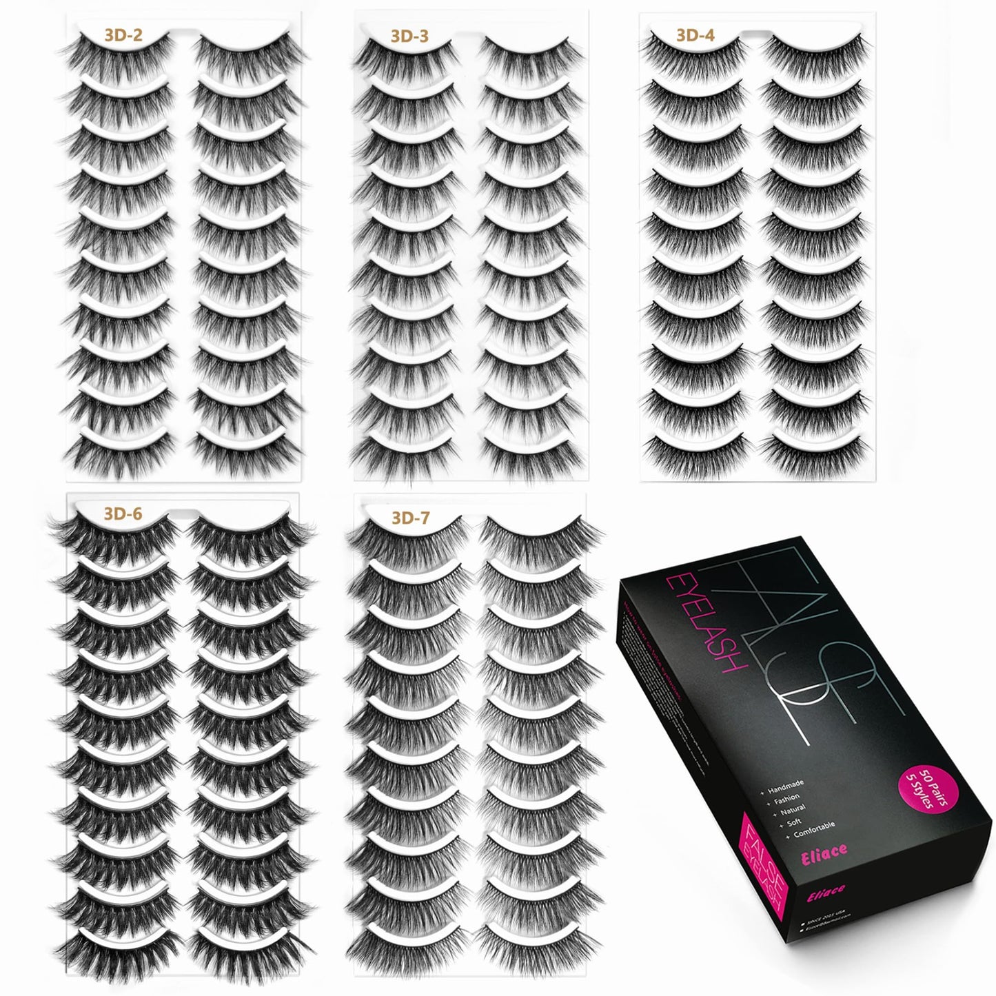 Eliace Eyelashes – 50 Pairs, 5 Styles | Luxurious Faux Mink, Natural Look