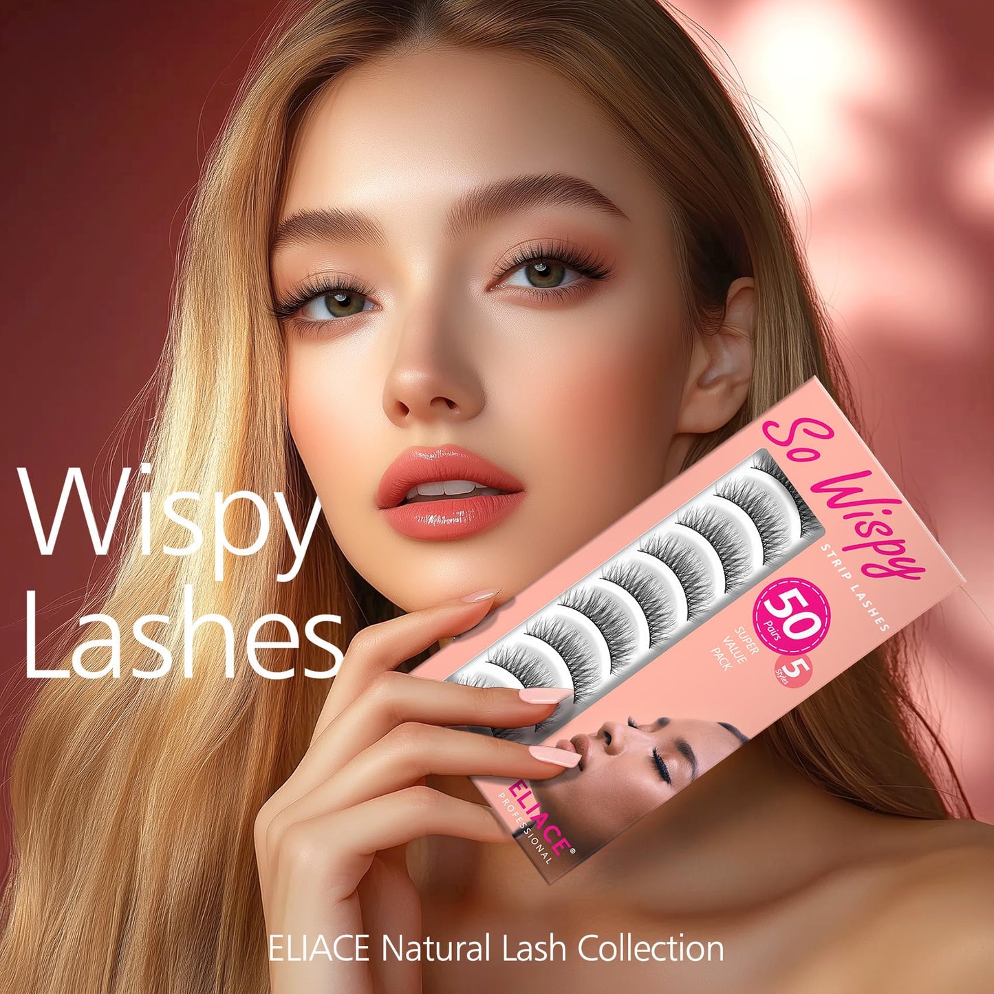 Eliace Luxurious 50 Pairs Cat Eye Lashes – 5 Styles, 3D Mink, Soft Band, Lash Tweezers