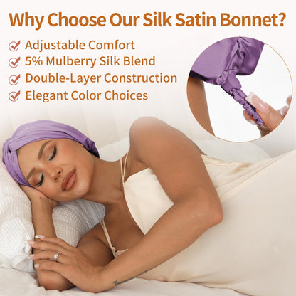 ELIO Adjustable Silk Satin Hair Bonnet – 5% Mulberry Silk, Double Layer, 20–25in, Lavender