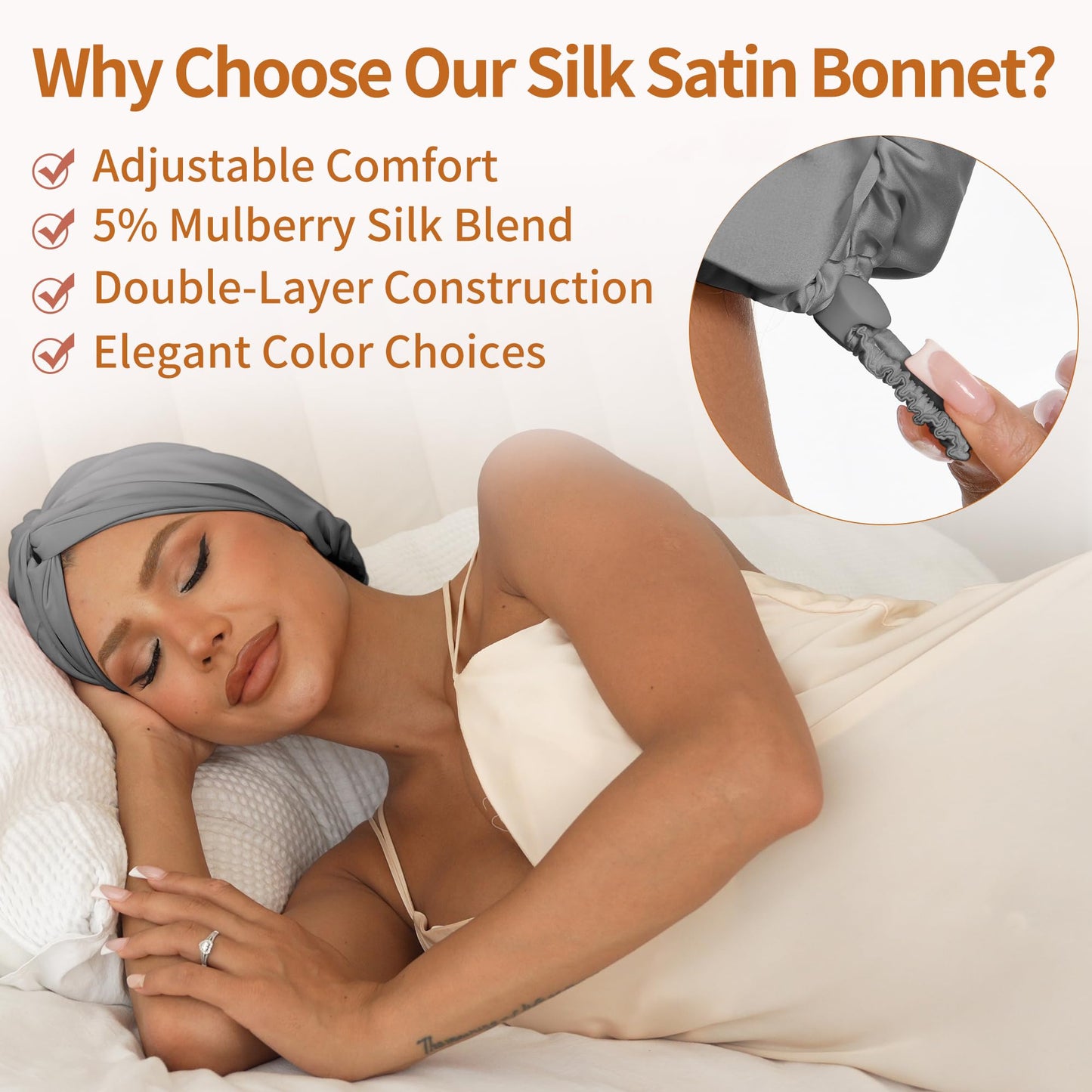 ELIO Adjustable Silk Satin Hair Bonnet – 5% Mulberry Silk, Double Layer, 20–25" Fit (Grey)