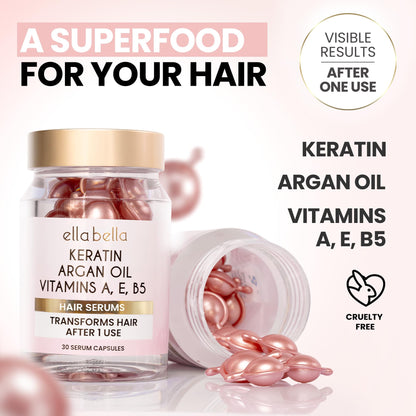 ELLA BELLA Keratin Hair Serum – Argan Oil & Vitamins A,E,B5 – Anti-Frizz & Night Repair