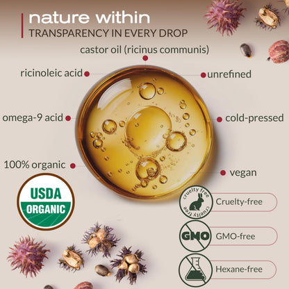 Ella & Eden USDA Organic Castor Oil – Cold-Pressed, Hexane-Free, 16 oz Glass Bottle