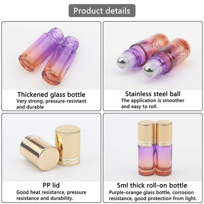 Ellbest 5ml Glass Roller Bottle Set – 17pc with Stainless Steel Rollers & Funnels, Purple-Orange Gradient
