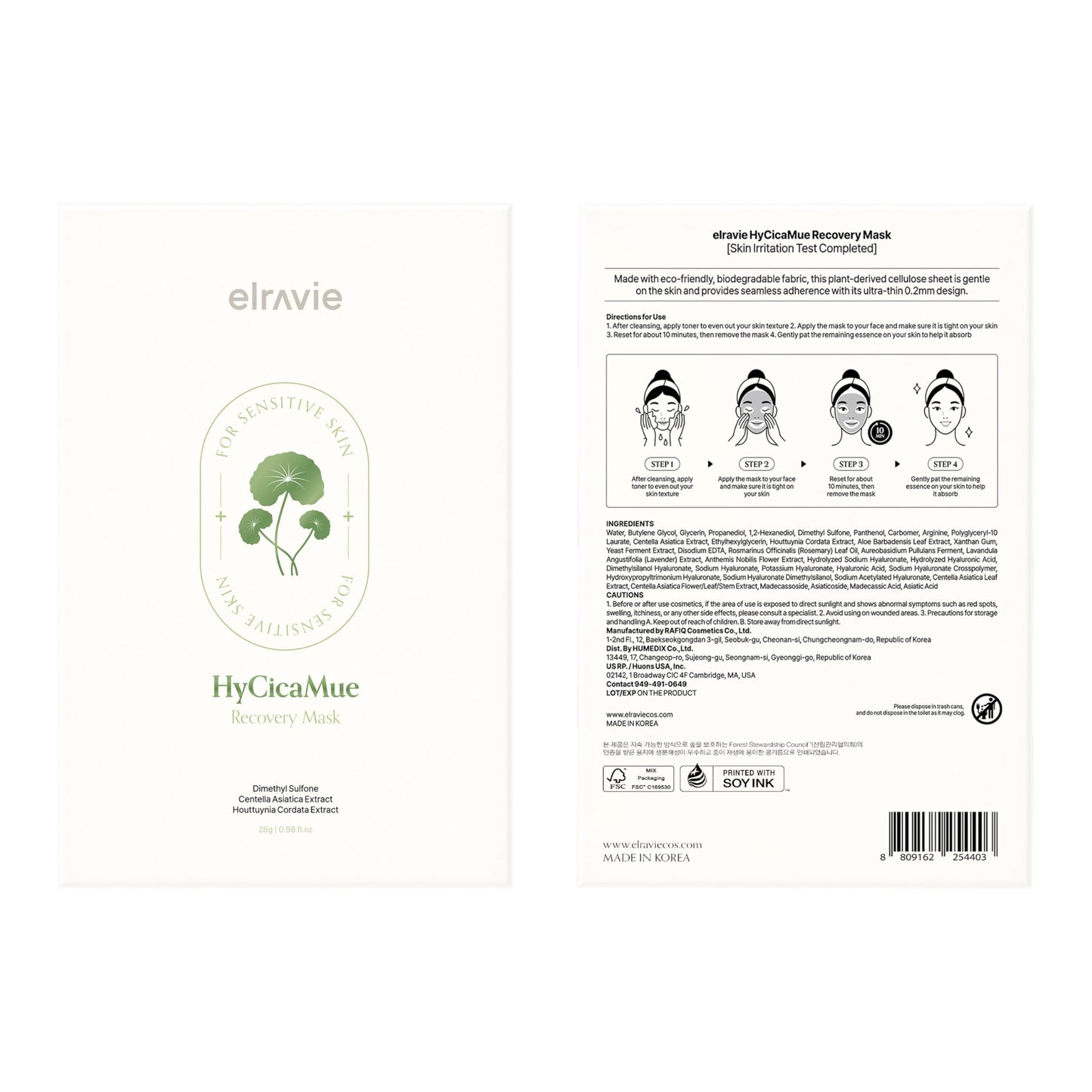 elravie HyCicaMue Recovery Mask (10ea) | Soothing, Hydrating Korean Sheet Mask for Sensitive Skin