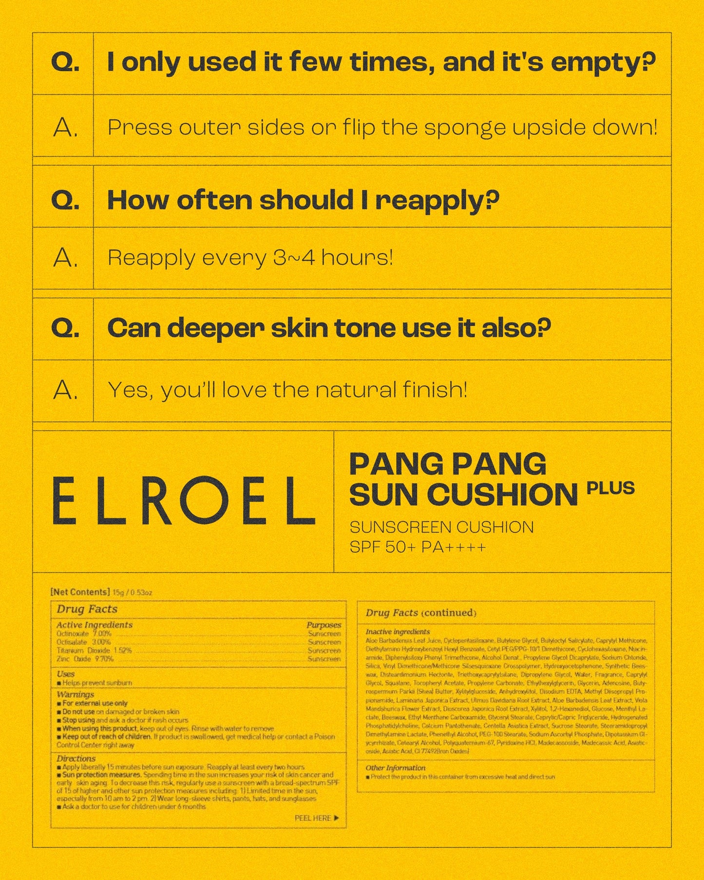 ELROEL Pang Pang Sun Cushion Plus SPF50+ PA++++ | Hypoallergenic Korean Sunscreen